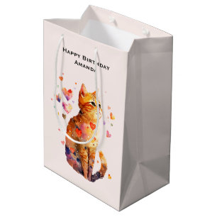Sac Cadeau Moyen Cute Tabby Chat avec Coeurs Anniversaire