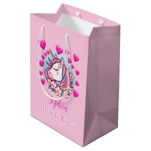 Sac Cadeau Moyen Cute Unicorn, Coeurs et Fleurs Roses, Nom Annivers