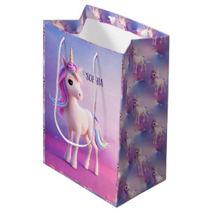 Sac Cadeau Moyen Cute Unicorne Blanche Avec Rose & Bleu Mane