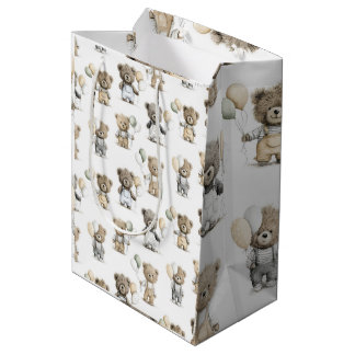Sac Cadeau Moyen Cute Watercolor Teddy Bears with Balloons