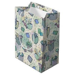 Sac Cadeau Moyen Cute Whimsical Poche Dragons en Vert Fleece Blan