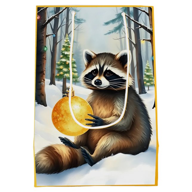 Sac Cadeau Moyen Cute Winter Raccoon with Gold Ornament Christmas (Dos)