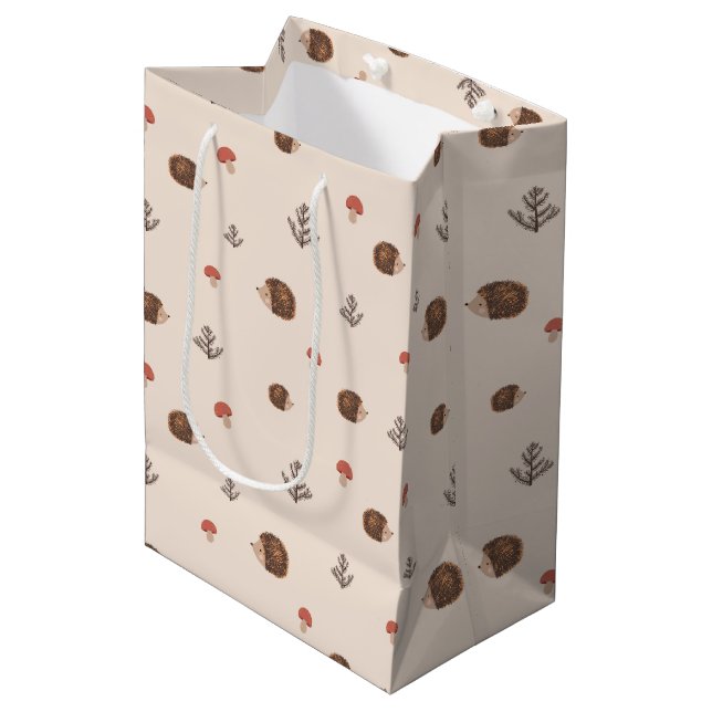 Sac Cadeau Moyen Cute Woodland Hérisson et Motif de champignons (Devant Angle)