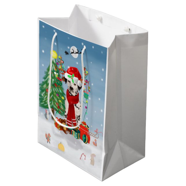 Sac Cadeau Moyen Dachshund Chien en neige avec cadeaux de Noël (Devant Angle)