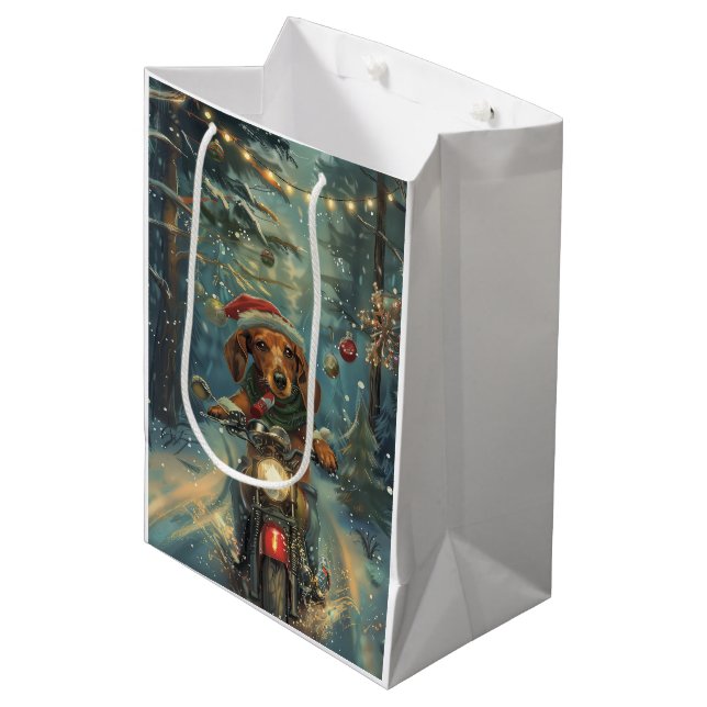 Sac Cadeau Moyen Dachshund Chien équitation moto Noël (Devant Angle)