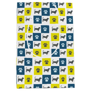 Sac Cadeau Moyen Dachshund Chien & Paw Yellow & Black Grid Line