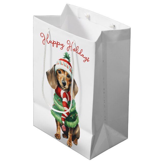 Sac Cadeau Moyen Dachshund De Noël Dans Une Écharpe (Devant Angle)