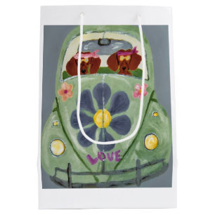 Sac Cadeau Moyen Dachshunds Hippies Dans Leur Voiture Fleurie D'Amo