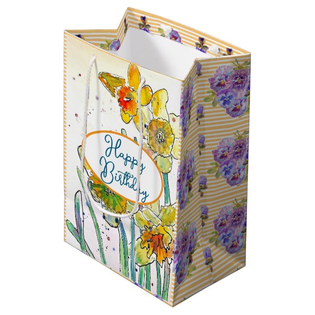 Sac Cadeau Moyen Daffodique Jaune Daffodique Fleur Aquarelle (Devant Angle)