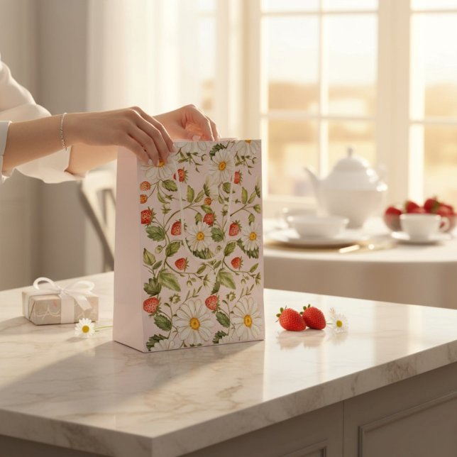 Sac Cadeau Moyen Daisy Strawberry Floral Pattern Light Pink Botanic (Créateur téléchargé)