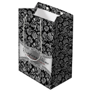 Sac Cadeau Moyen Damas florales en argent noir et métallique monogr