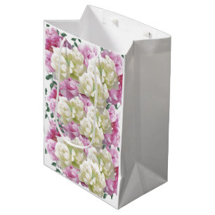 Sac cadeau moyen de fleurs de pivoine roses et ivo