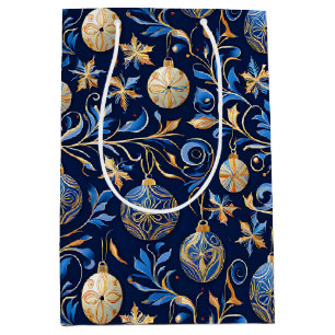 Sac Cadeau Moyen Décors de Noël ornementaux bleu et or