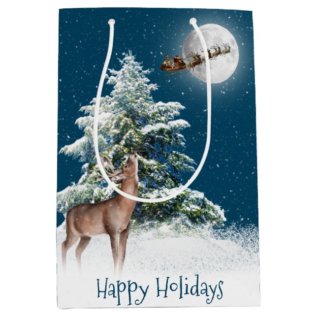 Sac Cadeau Moyen Deer et Père Noël en traîne sur la lune (Devant)