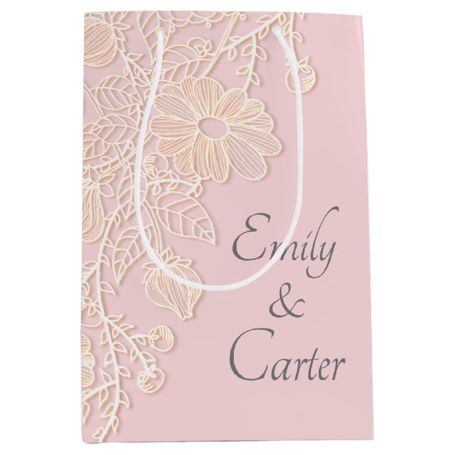 Sac Cadeau Moyen Dentelle mariage Sur Rose Blush (Devant)