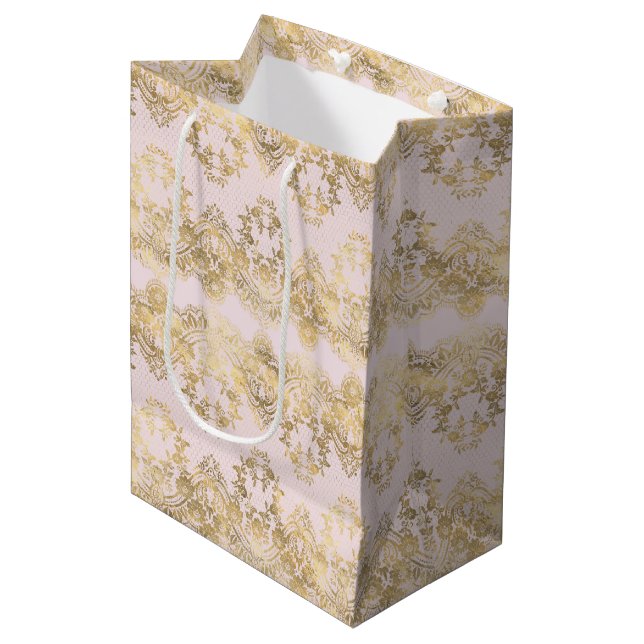 Sac Cadeau Moyen Dentelle rose et or (Devant Angle)