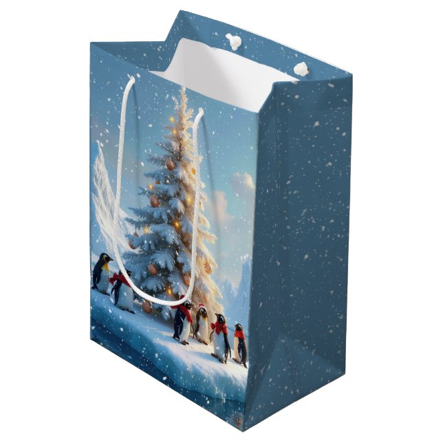 Sac Cadeau Moyen Des pingouins se rassemblent autour d'un arbre de  (Devant Angle)