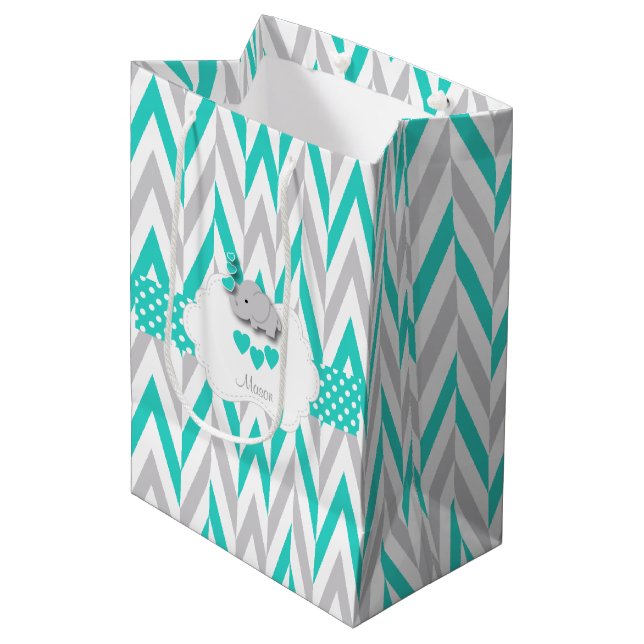 Sac Cadeau Moyen Design Eléphant Turquoise - Baby Boy Douche (Devant Angle)