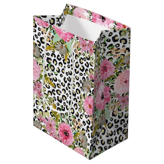 Sac Cadeau Moyen Design Empreinte de léopard et floral élégant (Devant Angle)