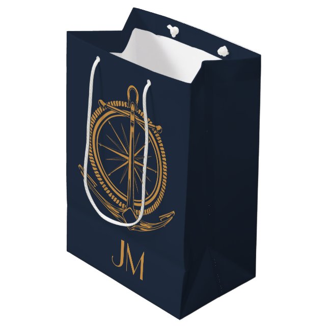 Sac Cadeau Moyen Design nautique avec boussole et ancre en or (Devant Angle)