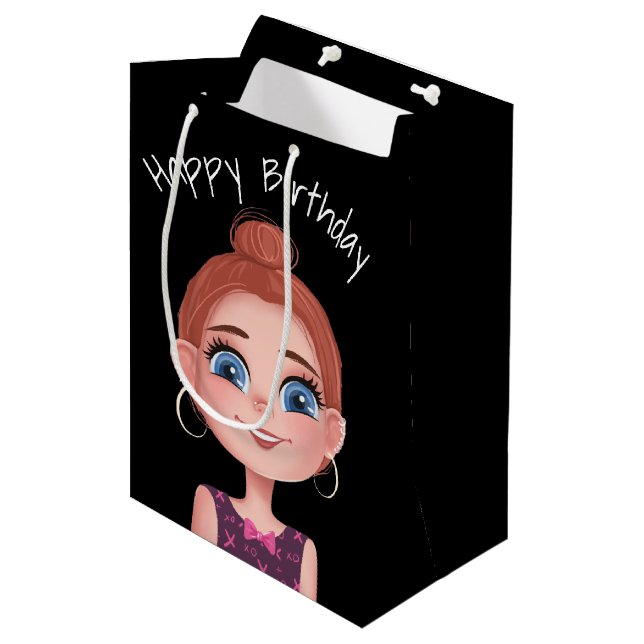 Sac Cadeau Moyen Dessin Anniversaire Fille en noir (Devant Angle)