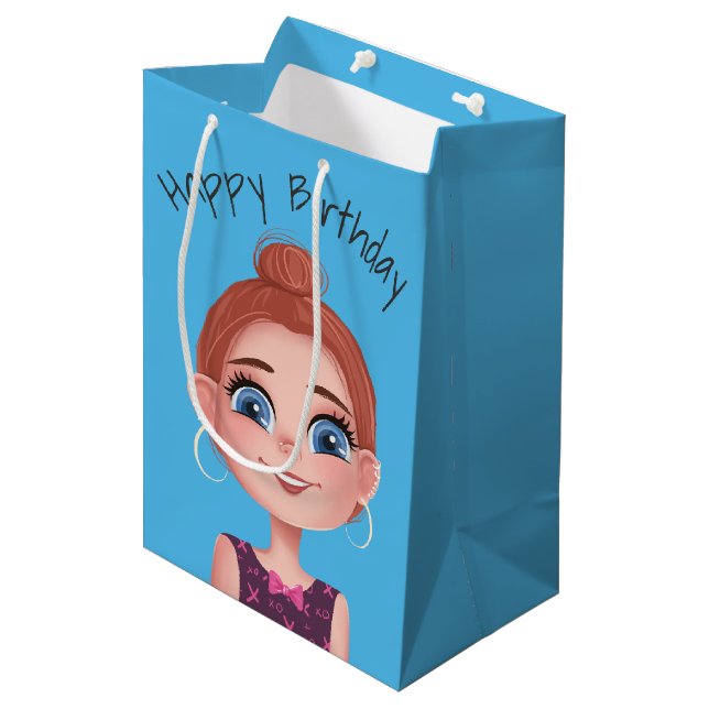 Sac Cadeau Moyen Dessin Anniversaire Sur Aqua (Devant Angle)