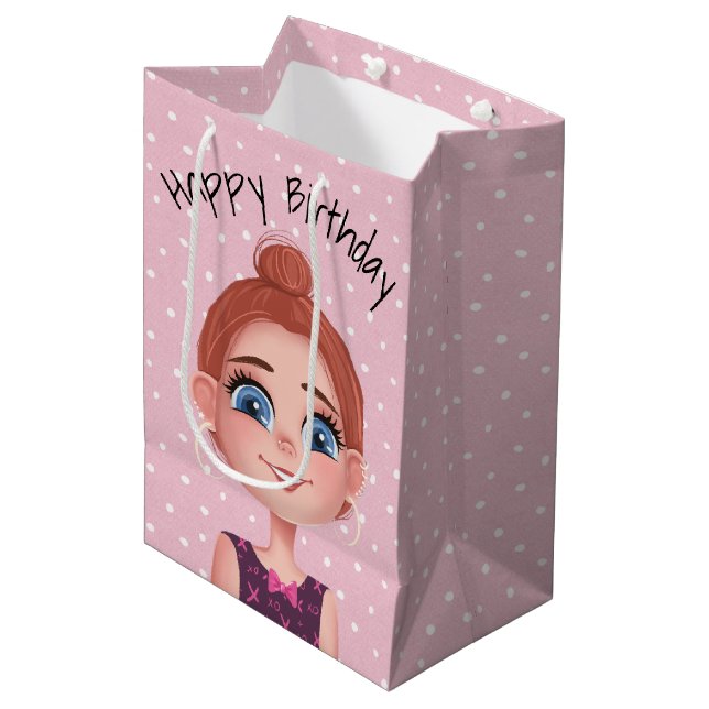 Sac Cadeau Moyen Dessin D'Anniversaire Sur Pois (Devant Angle)