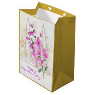 Sac Cadeau Moyen Détails sur les fleurs roses Gold   Bonne fête des