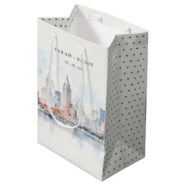 Sac Cadeau Moyen Detroit Michigan Watercolor Landscape Wedding (Devant Angle)
