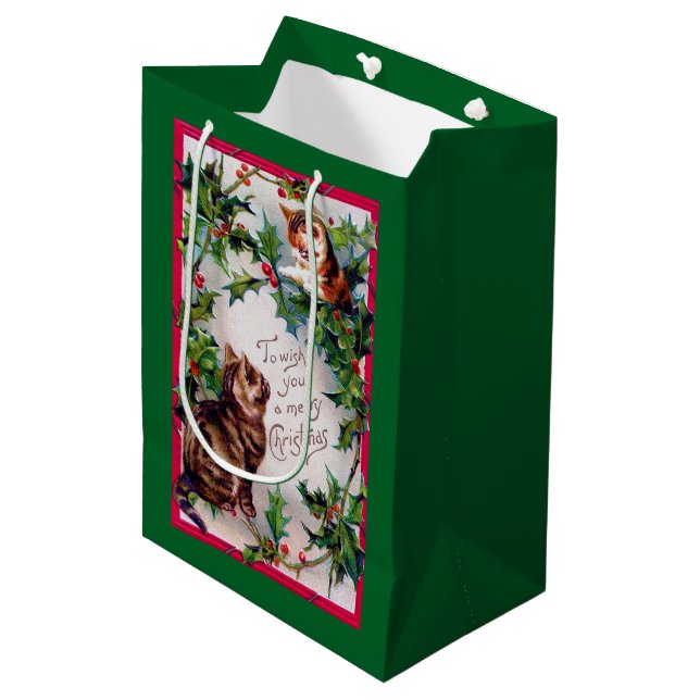 Sac Cadeau Moyen Deux chatons et Noël Holly (Devant Angle)