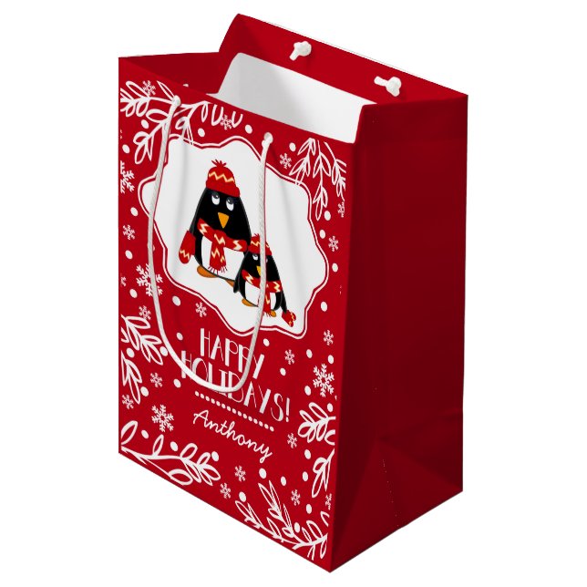Sac Cadeau Moyen Deux petits pingouins Nom personnalisé Noël (Devant Angle)