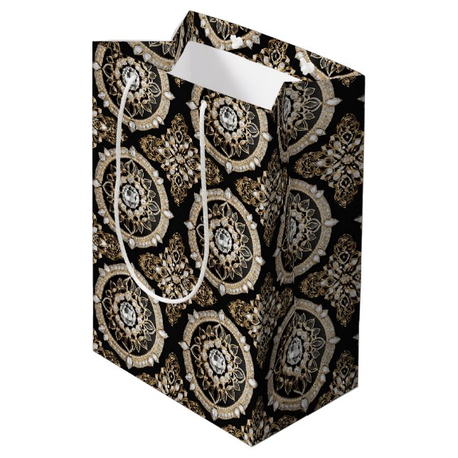 Sac Cadeau Moyen Diamants blancs, or frontière mandala design glamo (Dos Angle)