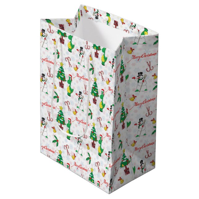 Sac Cadeau Moyen dinosaure de Noël et bonhomme de neige (Devant Angle)