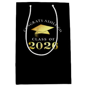 Sac Cadeau Moyen Diplômé(e) 2026 Or Noir Félicitations Nom du diplô