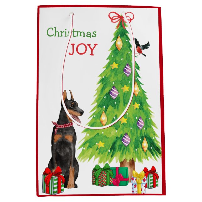 Sac Cadeau Moyen Doberman Pinscher, Bird and Christmas Tree (Devant)