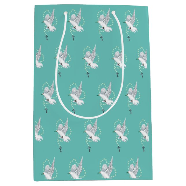 Sac Cadeau Moyen Dove blanche avec Rosaire (Devant)