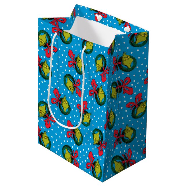 Sac Cadeau Moyen Dr Seuss | The Grinch | Motif de couronne de Noël (Devant Angle)