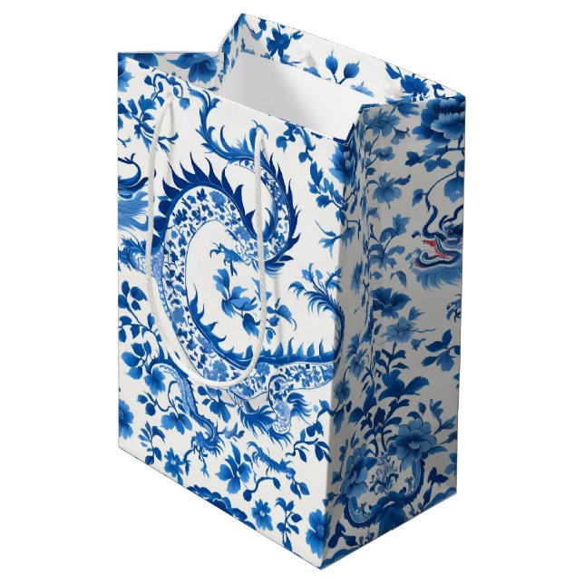 Sac Cadeau Moyen Dragon de chinoiserie moderne tendance Bleu et Bla (Dos Angle)