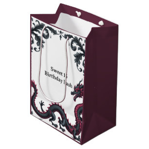 Sac Cadeau Moyen Dragon noir fantaisiste en damassé rouge pour une