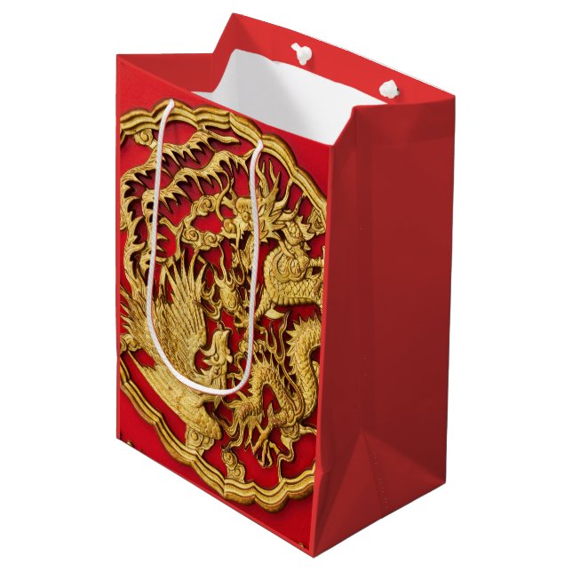 Sac Cadeau Moyen Dragon Phénix Rouge Or Mariage Chinois (Devant Angle)
