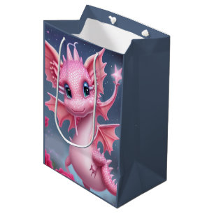 Sac Cadeau Moyen Dragon rose mignon aux fleurs roses