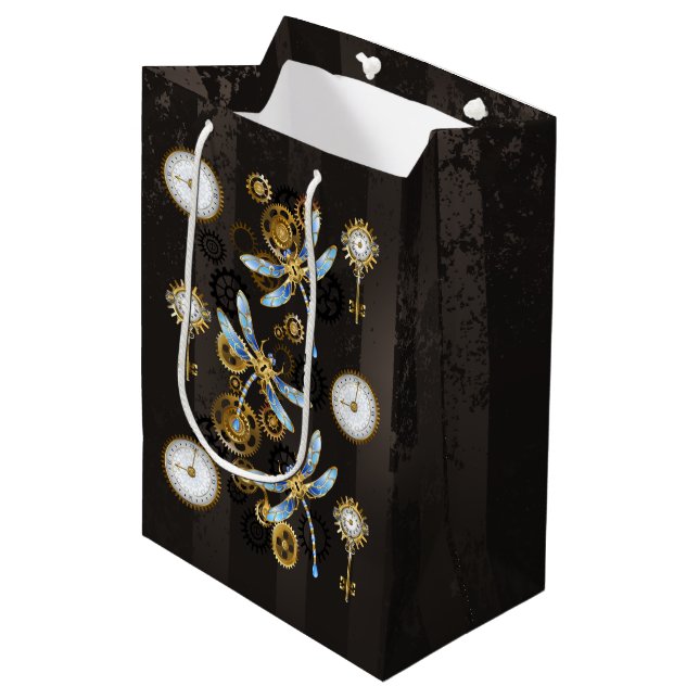 Sac Cadeau Moyen Dragonflies de Steampunk sur arrière - plan rayé b (Devant Angle)