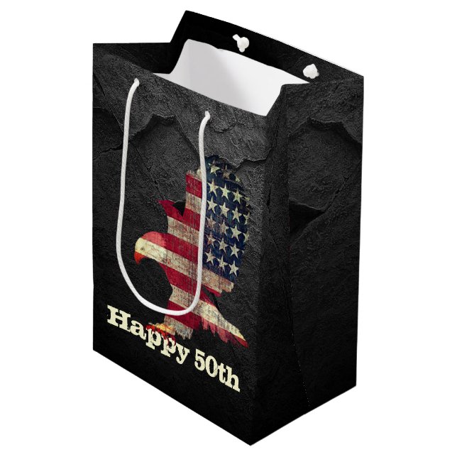 Sac Cadeau Moyen Drapeau et aigle à tête blanche 50e anniversaire (Devant Angle)
