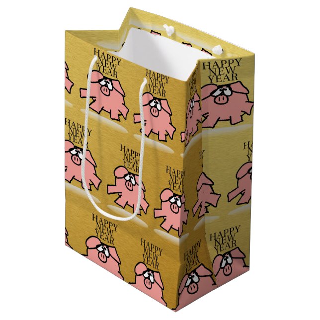 Sac Cadeau Moyen Drôle Cartoon Happy Pig Année 2019 Gold M Don B (Devant Angle)