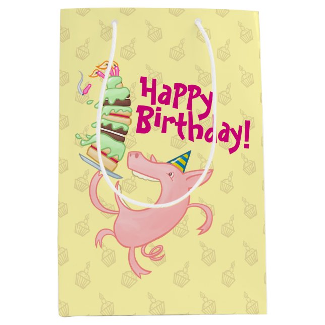 Sac Cadeau Moyen Drôle Cochon Joyeux Anniversaire ! Carton de gâtea (Devant)