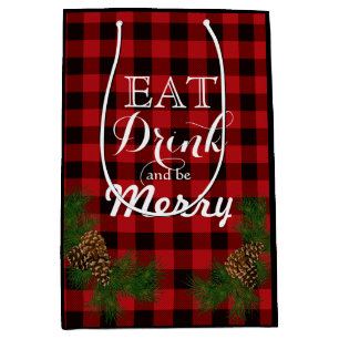 Sac Cadeau Moyen Eat, drink, be merry - Holiday pinecone red plaid 