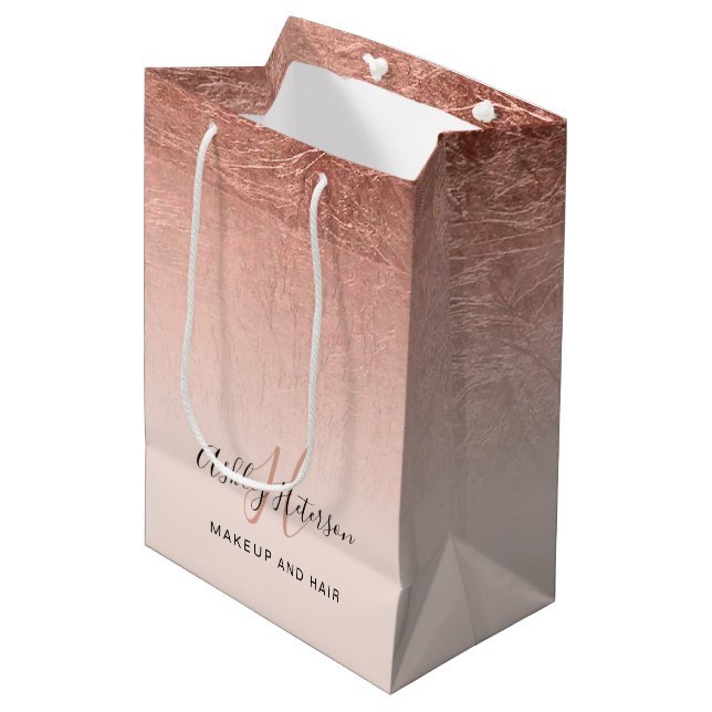 Sac Cadeau Moyen Écriture de feuille d'or rose rose rose pâle (Devant Angle)