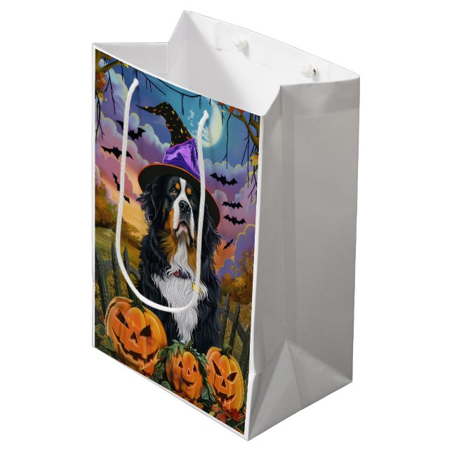 Sac Cadeau Moyen Éffrayant Bernese Mountain Halloween Citrouille so (Devant Angle)