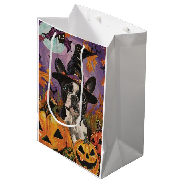 Sac Cadeau Moyen Éffrayant Boston Terrier Halloween Witch Et Citrou (Devant Angle)
