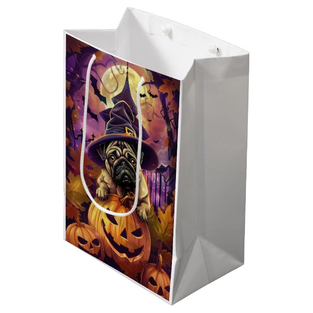 Sac Cadeau Moyen Éffrayant Carlin Chien Halloween Sorcière Et Citro (Devant Angle)
